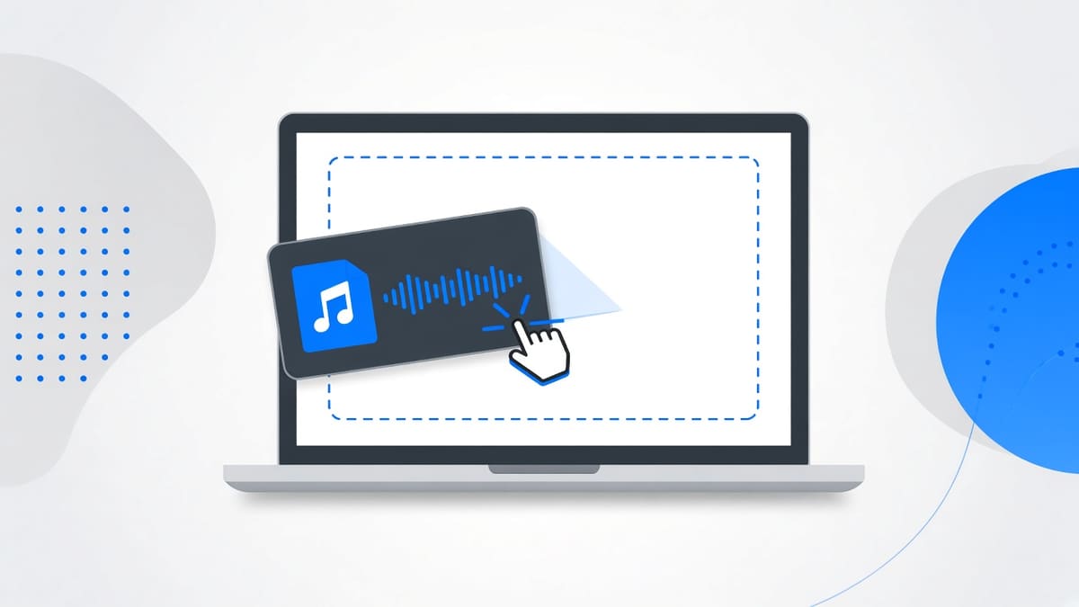 A music file being dragged from a laptop folder into a dotted drop area on a web page to start the tempo check