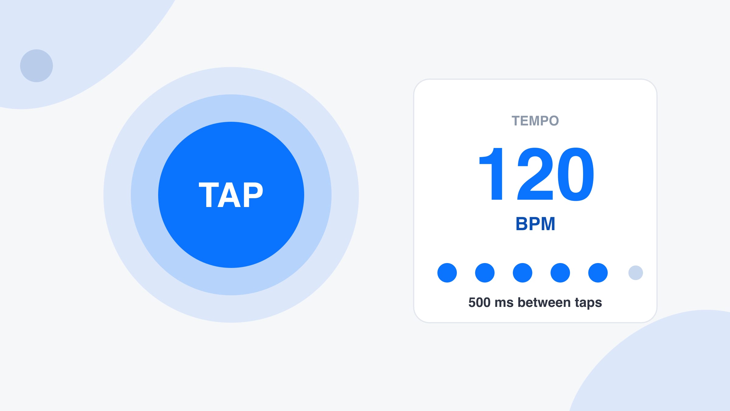 A large round blue tap pad with the word TAP on the left and a card on the right reading 120 BPM with six dots showing taps