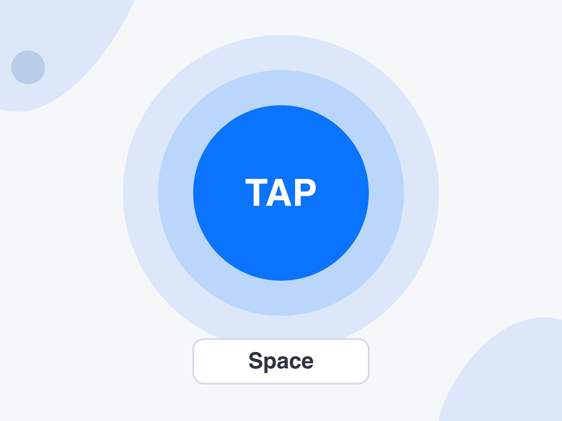 A large round blue tap pad with the word TAP and soft rings around it above a keyboard Space key