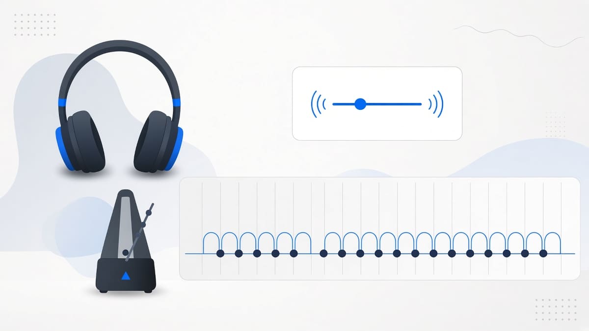 Headphones and a metronome beside a timeline with grid lines on every drum hit and a small tempo control above it